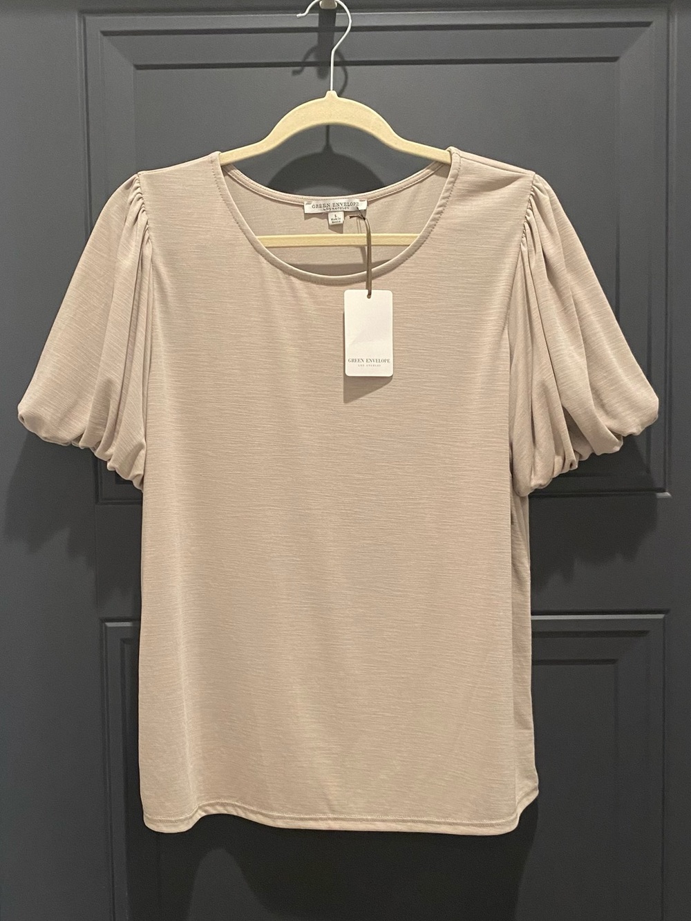 NEW Green Envelope Taupe Puff Sleeve Top